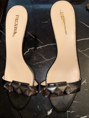 Authentic Prada Black Pyramid Crystal Stud Slide Mules Shoes